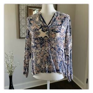 Coster Copenhagen blue Print long sleeve shirt sz s 36 v neck silky blouse